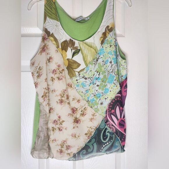 Fenini 0 Color Blocks Green Floral Print Slvless SILK Blend Women Top Blouse - Picture 1 of 9
